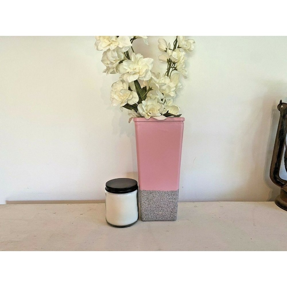 Modern Glass Square Vase Pink Faux Stone Bottom 9"  Decor Hand Painted Vessel
